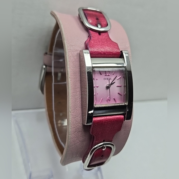Women Guess Watch Pink Leather Wide Band Cuff Silver Case Quartz New Battery - Picture 3 of 11